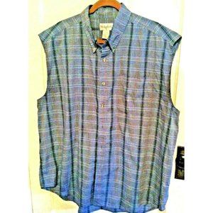 2XL Sleeveless Shirt Men's Sedgefield  Blue Chambray Plaid Ragged Edges
